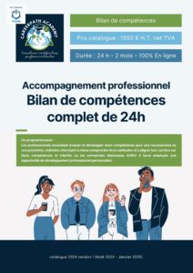Brochure de Career Path Academy présentant le programme de bilan de compétences complet de 24 heures, avec des illustrations de professionnels divers en discussion.